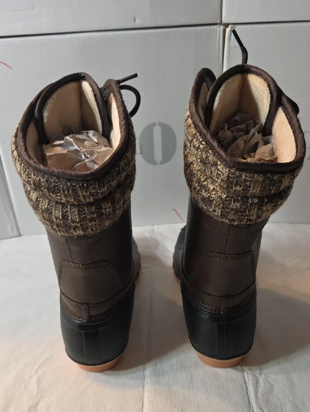 Women's Two-Tone Brown and Black Lace-Up Winter Rain Boots